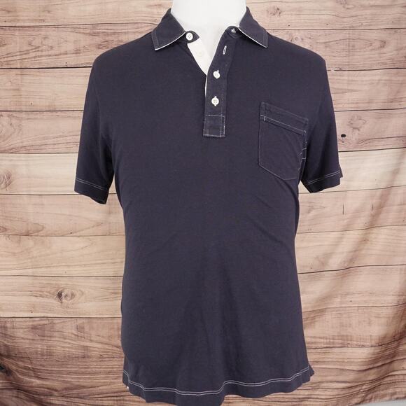 Billy Reid Polo Shirt Mens Large Navy Blue Contrast Stitch Button Placket Pocket - Picture 3 of 9